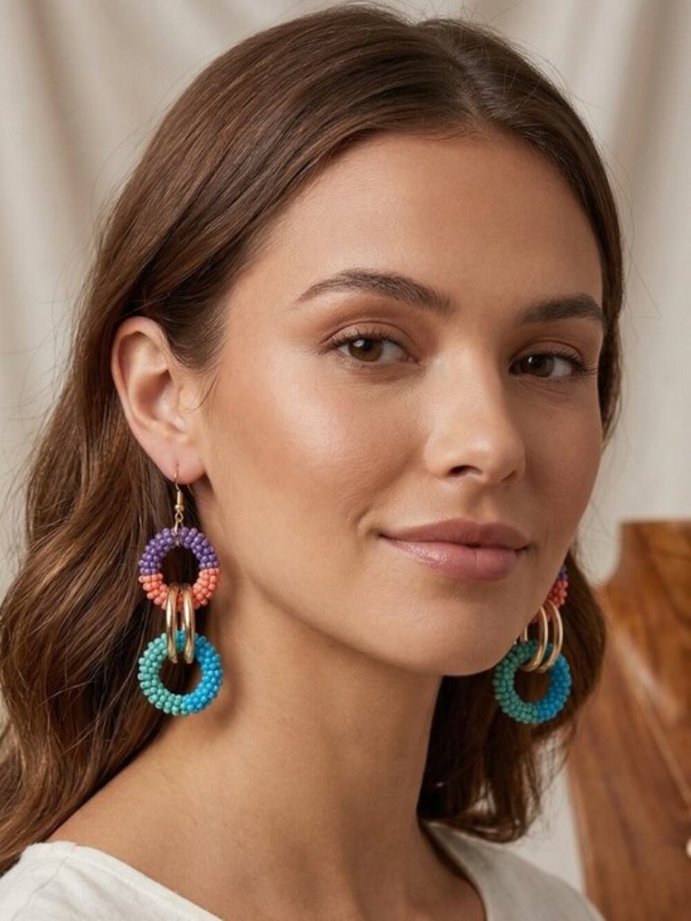 Colorful Beaded Multi-Hoop Drop Earrings - Picture 5 of 6